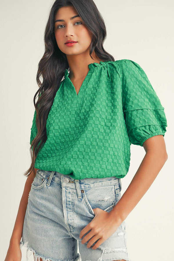 Textured Puff Short Sleeve Notched V Neck Top: Bright Green