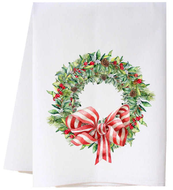 Christmas Wreath with Striped Bow Flour Sack Towel