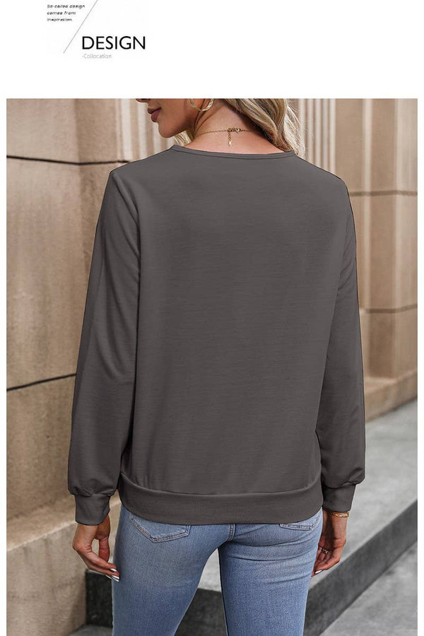 DARK GREY V-NECK CASUAL PULLOVER SWEATSHIRT