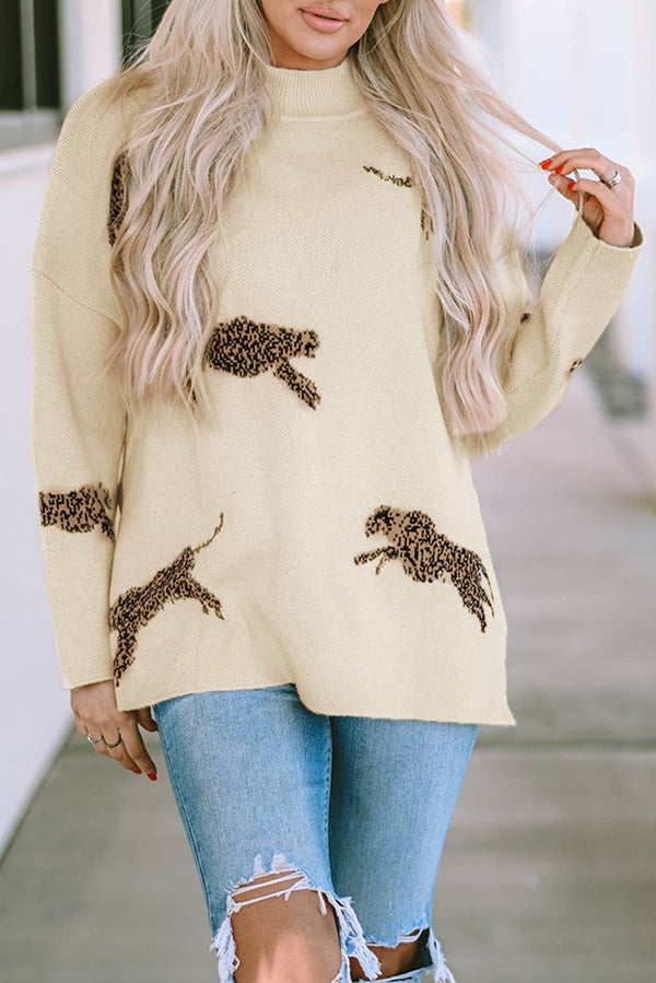 Parchment Lively Cheetah Print High Neck Split Hem Sweater