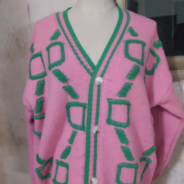 Sleek Green and Pink Patterned Loose Cardigan