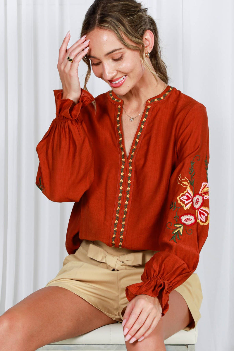 Bohemian Floral Embroidered Round Split Neck Blouse - Rust
