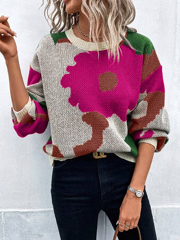 Loose Puff Sleeve Asymmetric Knitted Flower Round-Neck Sweater
