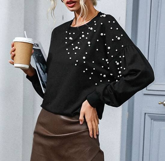 Vintage Beaded Long Sleeved Black Shirt: Black