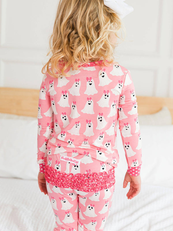 Toddler Girls Ghostie Girls Bamboo Viscose Ruffle Long Sleeve Pajama Set with Signature Rear Ruffles: Pink