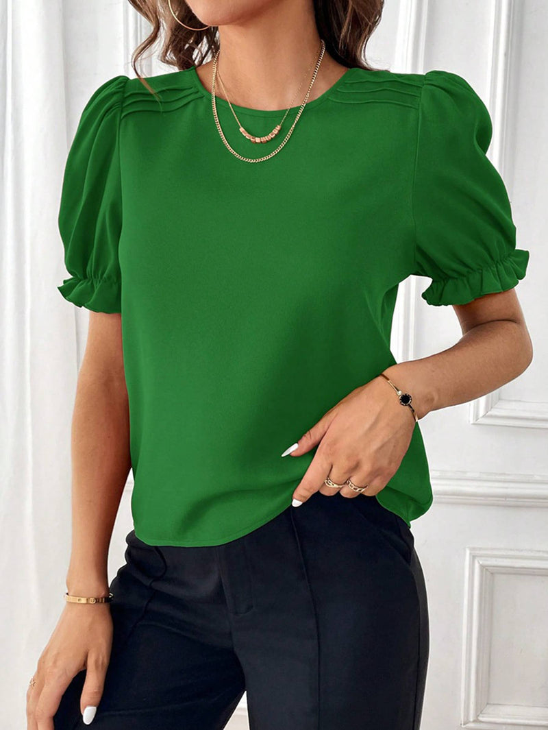 Green Solid Round Neck Shirt Top