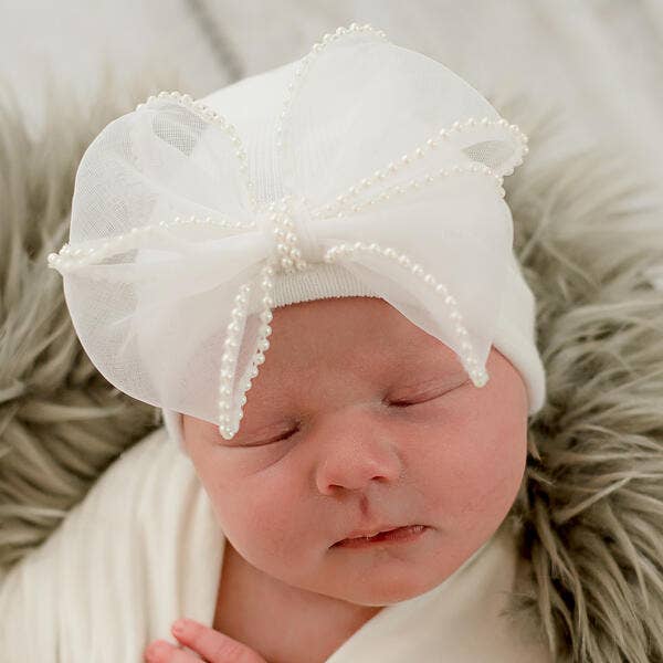 White Chiffon Pearl Bow Newborn Girl Hat