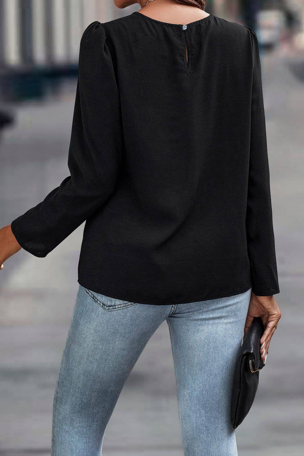 Black Pleated Puff Shoulder Long Sleeve Blouse