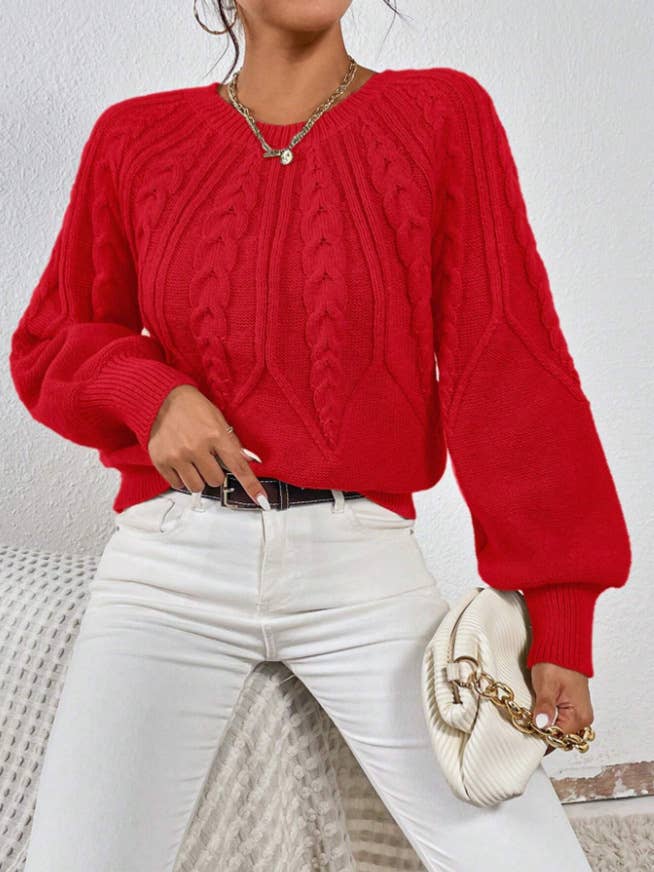 Cable Knit Sweater: Brown / L