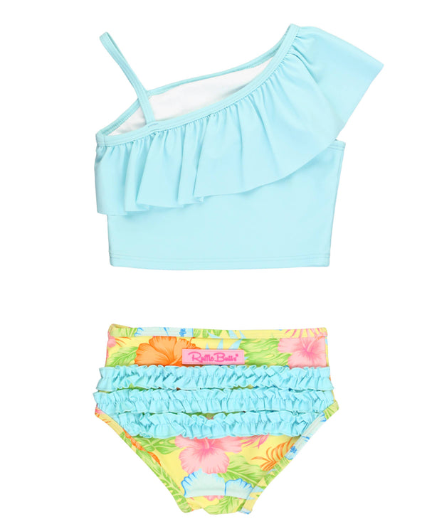 Girls Happy Hula One Shoulder Ruffle Tankini: Yellow