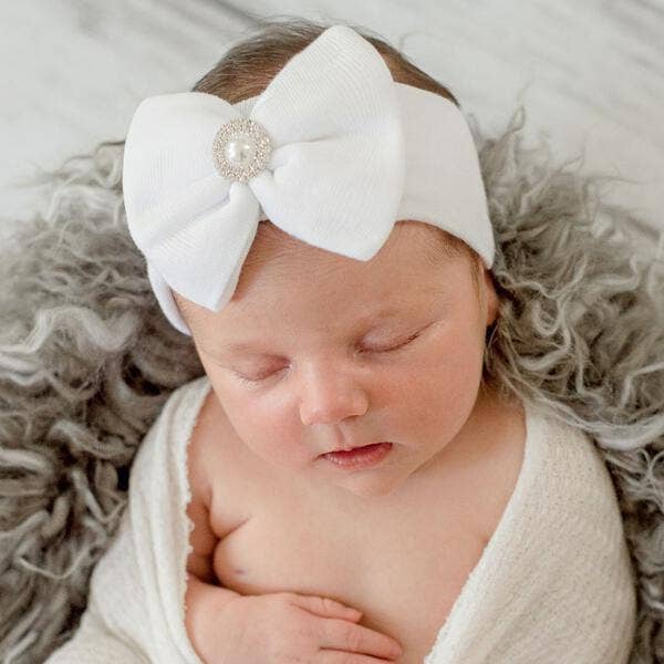 White Nursery Newborn Headband with Pearl Rhinestone Center