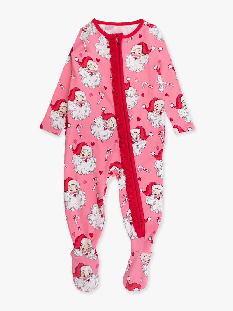 Baby Girls Pink Santa Joy Modal Blend Footed Ruffle One Piece Pajama