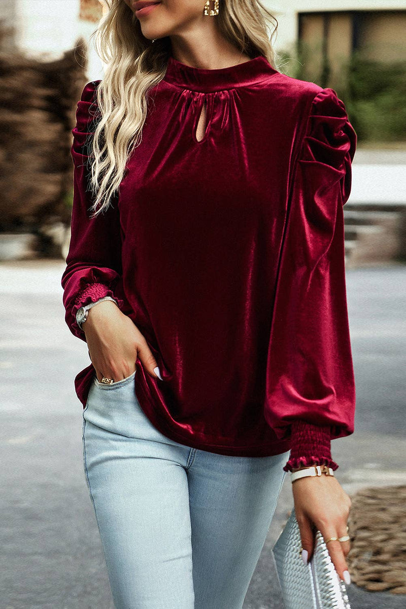 Mock Neck Puff Sleeve Velvet Blouse: Fiery Red