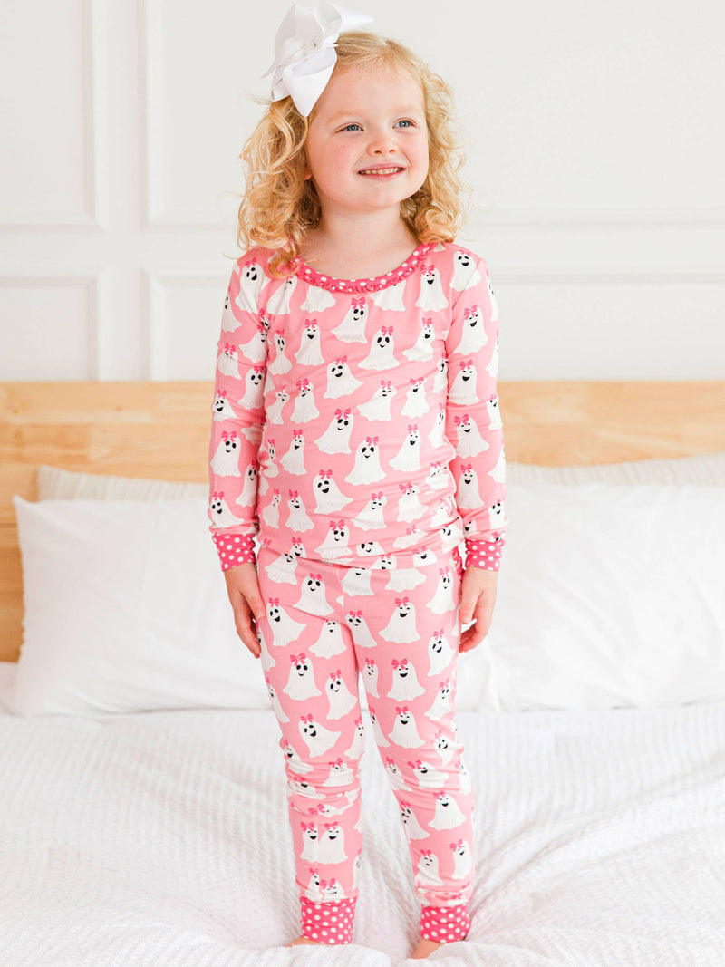 Toddler Girls Ghostie Girls Bamboo Viscose Ruffle Long Sleeve Pajama Set with Signature Rear Ruffles: Pink
