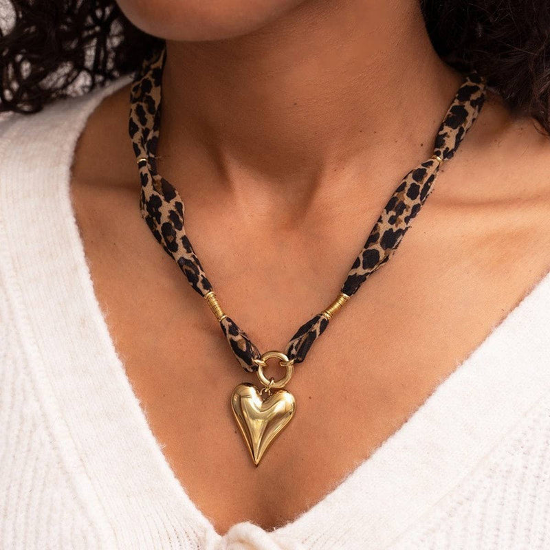 Leopard print heart stainless steel gold necklace