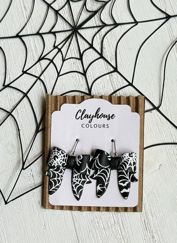 Halloween Clay Earrings: Spiderweb Bows