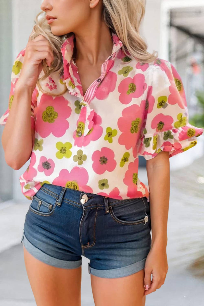 Floral Ruffle Striped Collar Blouse