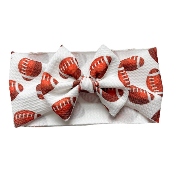 Footballs on White Headwrap Baby Bow