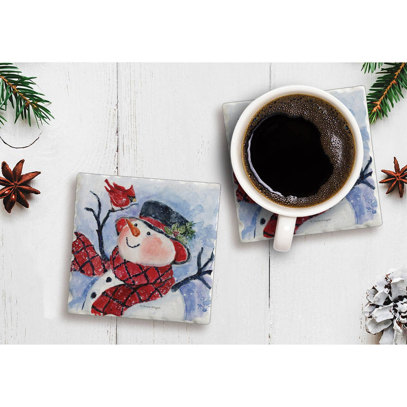 Snowman w/ Scarf Single Absorbent Stone Tumbled Tile Coaster