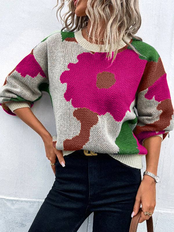 Loose Puff Sleeve Asymmetric Knitted Flower Round-Neck Sweater