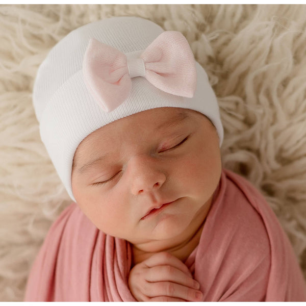 White Hat with Mini Bow Newborn Girl Hospital Hat