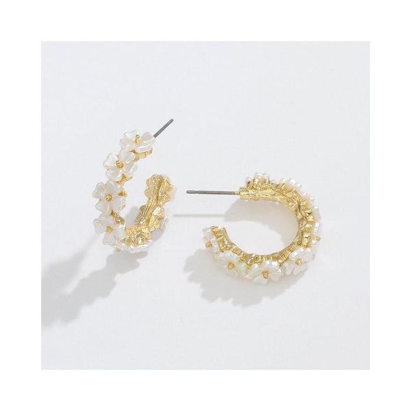 Gold Hoops With White Flower Earrings