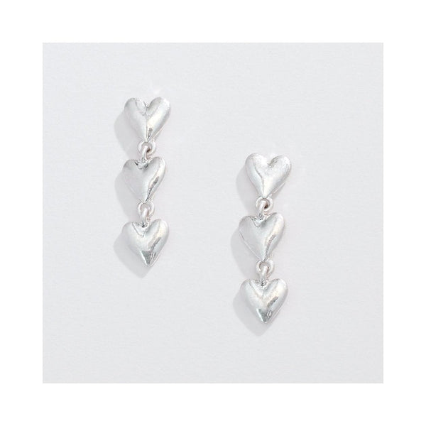 Silver 3 Hearts Drop Earrings