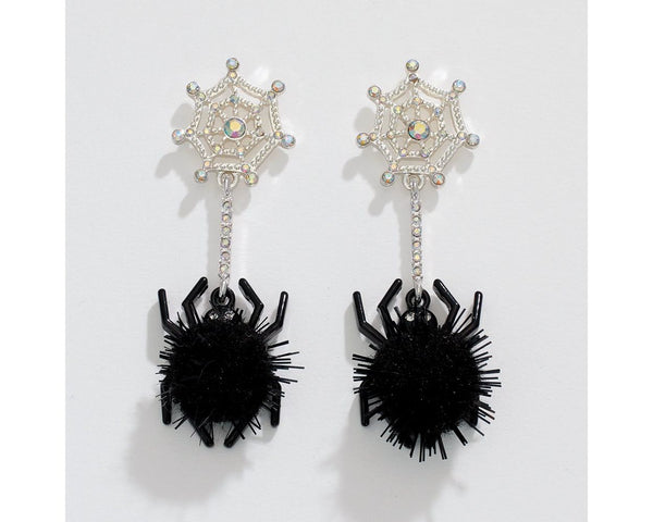 Black Spiders with Pom Poms Earrings