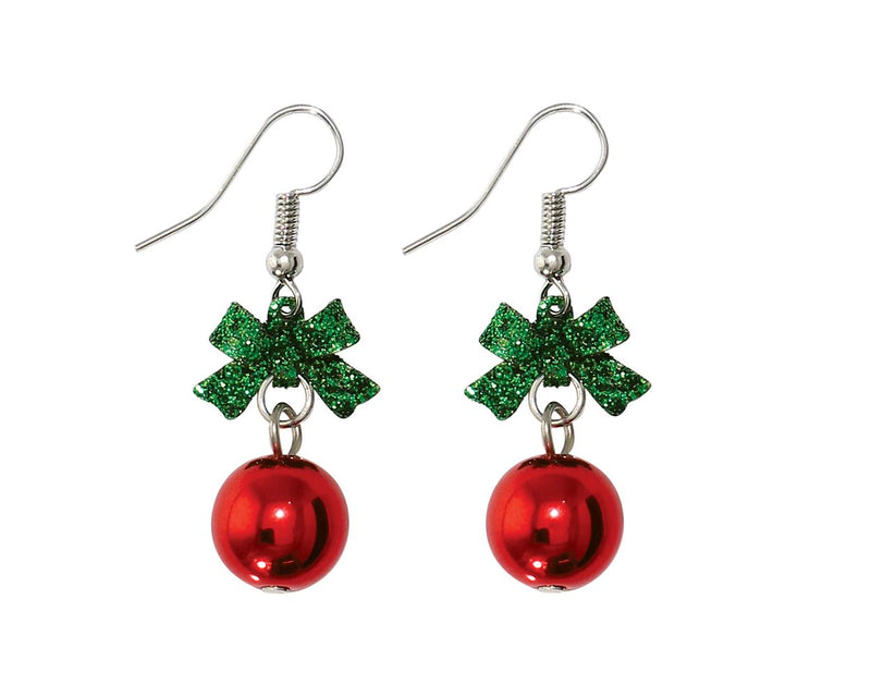 Green Glitter Bow with Red Ornament Earrings