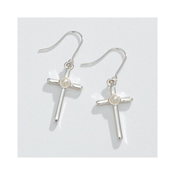 Silver Cross With Pearl  Earrings