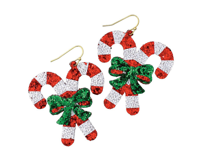 Glitter Candy Canes with Bows Earrings