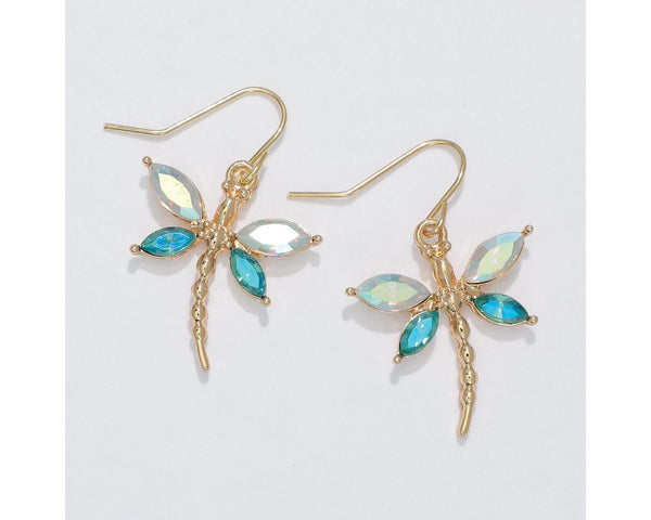 Gold with Clear + Blue Dragonfly Earrings