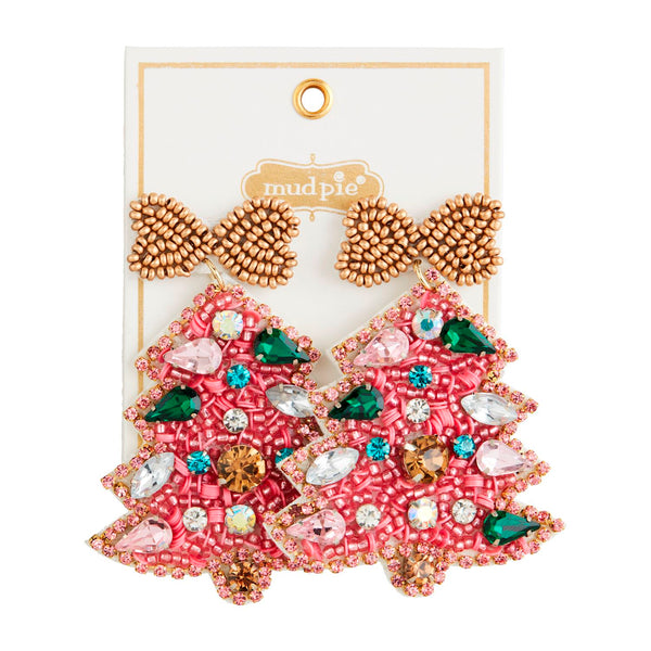 Holiday Beaded Earrings - Pink Tree