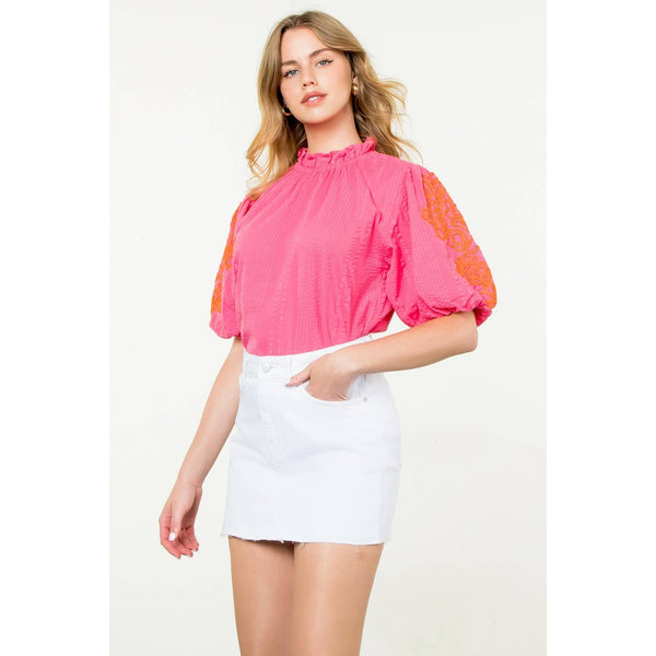 Embroidered Puff Sleeve Textured Top: Pink