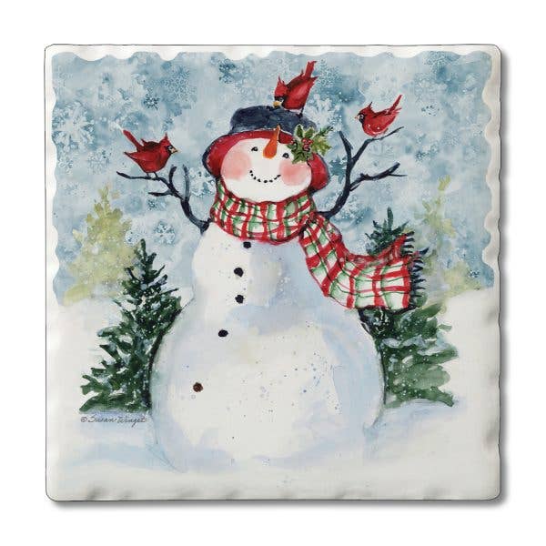 Snowman & Cardinals Single Absorbent Tumbled Tile Coaster