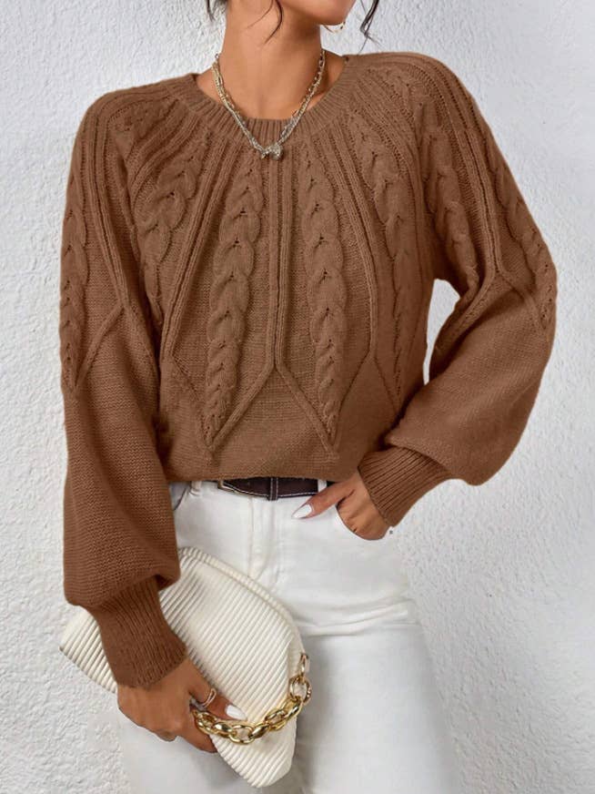 Cable Knit Sweater: Brown / XL