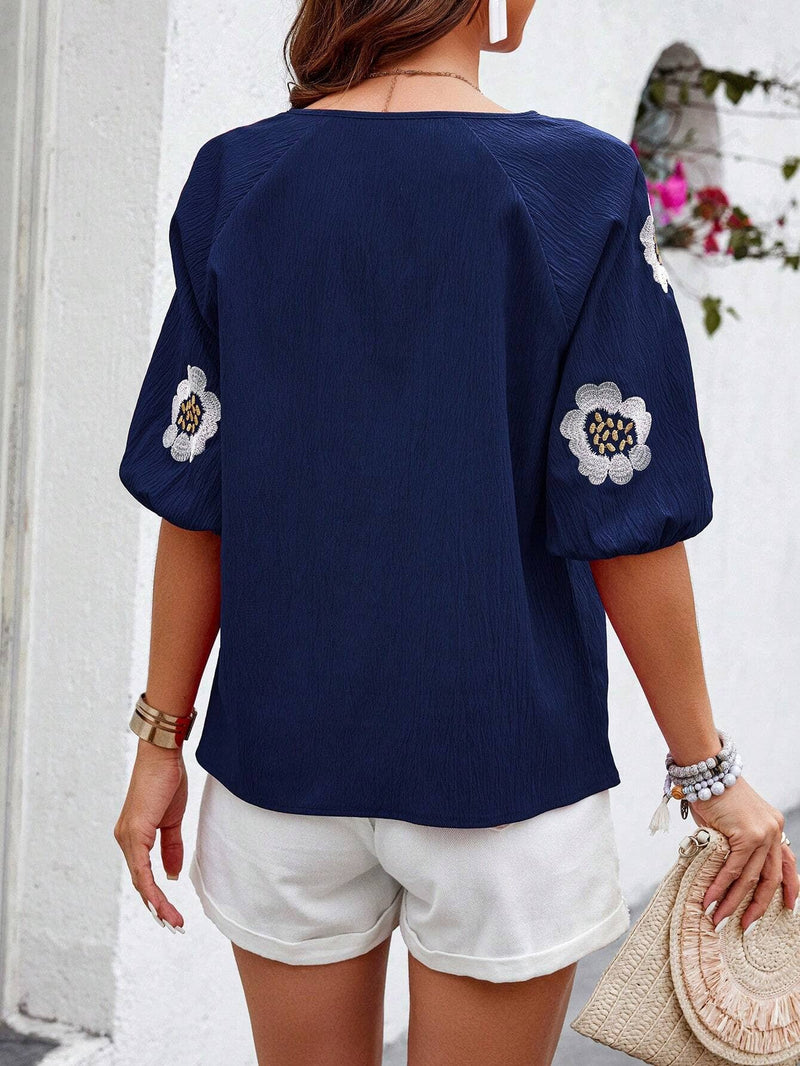 Navy V-Neck Embroidered Flower Shirt