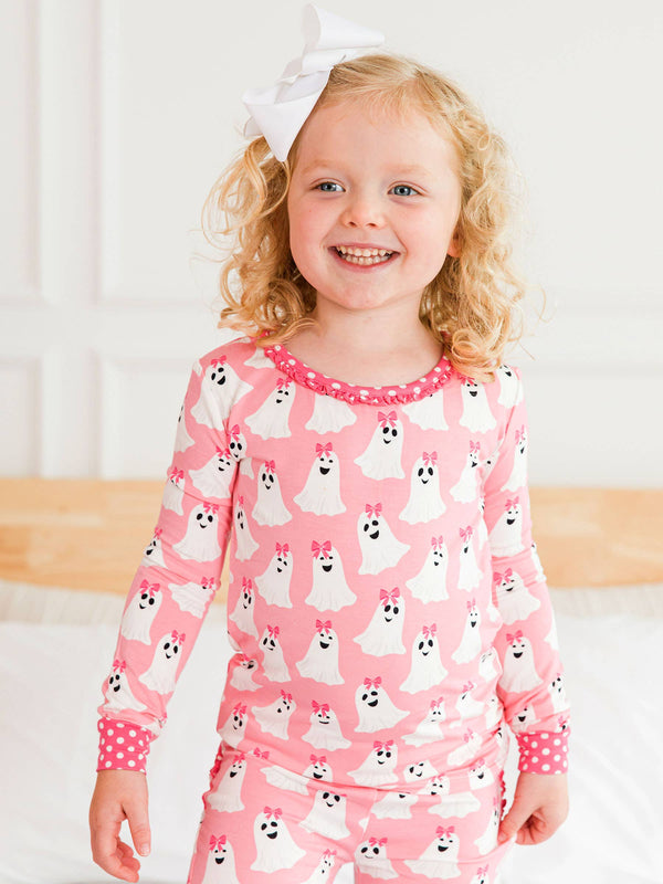 Toddler Girls Ghostie Girls Bamboo Viscose Ruffle Long Sleeve Pajama Set with Signature Rear Ruffles: Pink