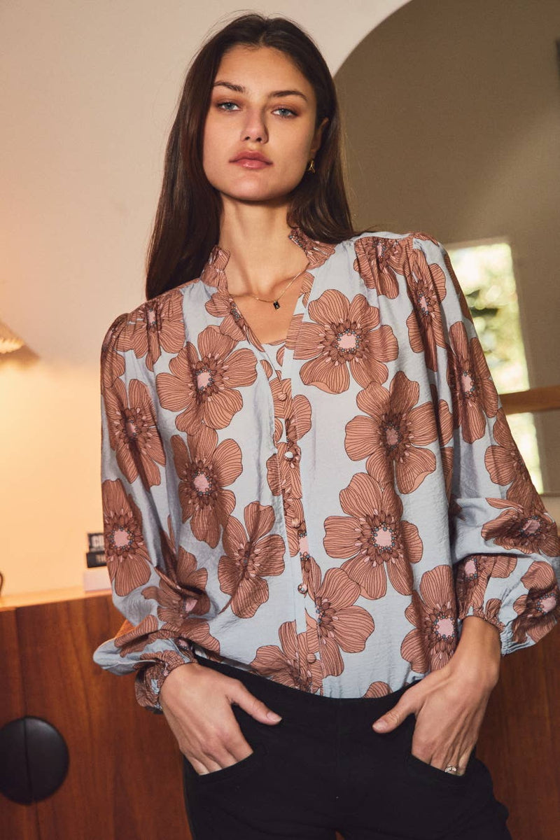 Light Blue Floral-printed Woven Blouse
