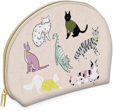 MEDIUM ROUNDED CANVAS COSMETIC BAG SKETCHED PETS CATS