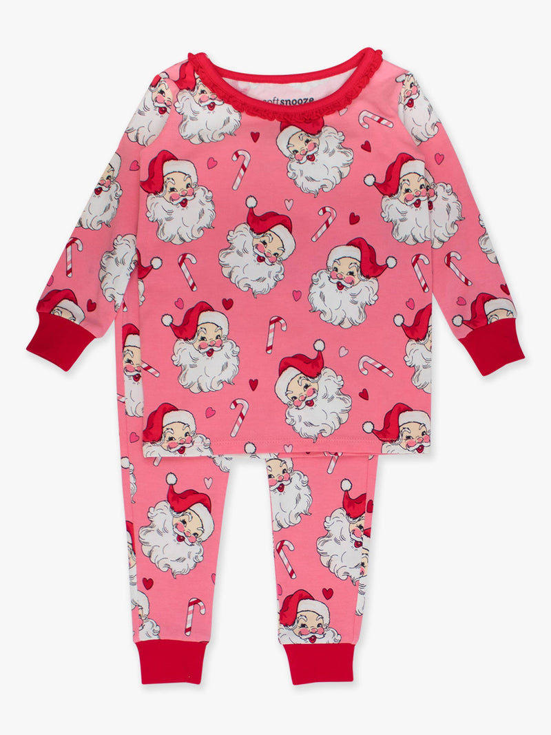 Toddler Girls Pink Santa Joy Modal Blend Ruffle Long Sleeve Pajama Set with Signature Rear Ruffles: P