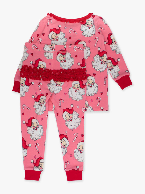 Toddler Girls Pink Santa Joy Modal Blend Ruffle Long Sleeve Pajama Set with Signature Rear Ruffles: P