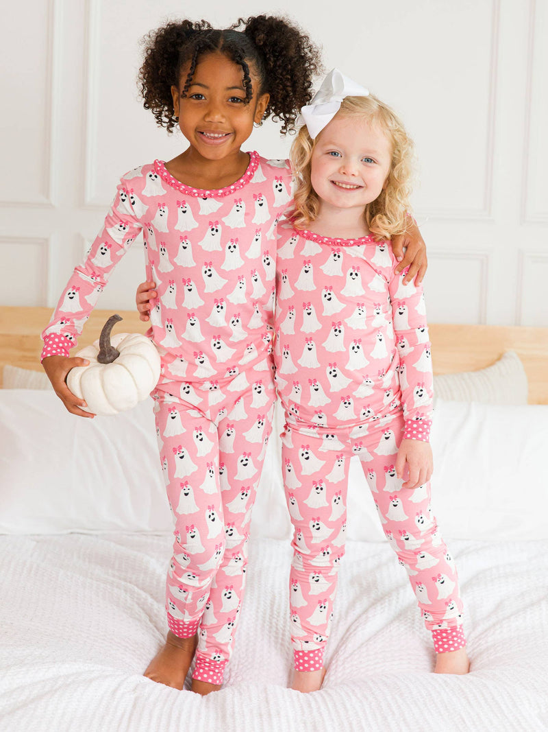 Toddler Girls Ghostie Girls Bamboo Viscose Ruffle Long Sleeve Pajama Set with Signature Rear Ruffles: Pink