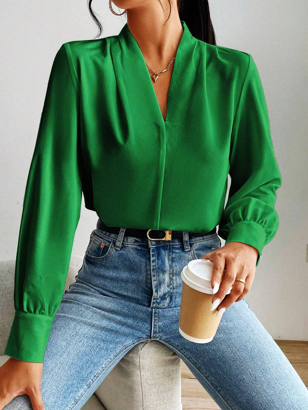 Green Casual Long-Sleeved V-Neck Loose Top