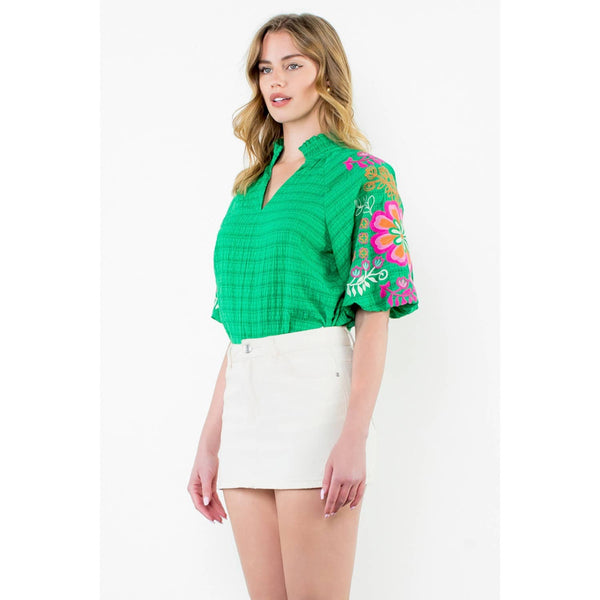 Embroidered Puff Sleeve V-Neck Top: Green