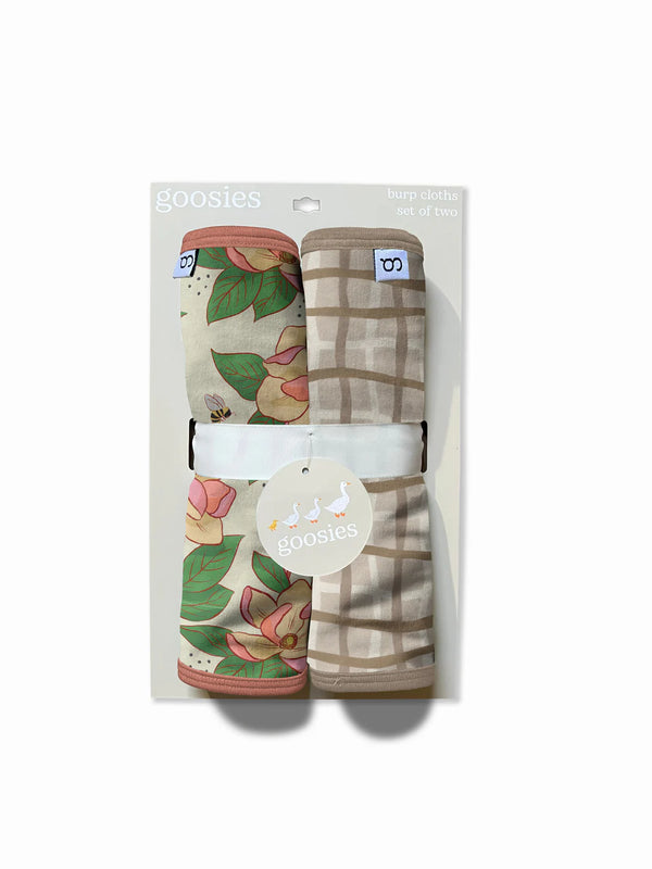Set of Two Burp Cloths -  Magnolias/Tan Wavy Plaid