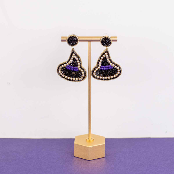 Witches Hat Bearded Earrings Black/Purple 1.75”