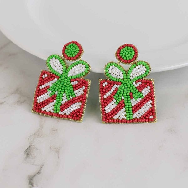 Christmas Present Beaded Earrings Red/Green 1.75”