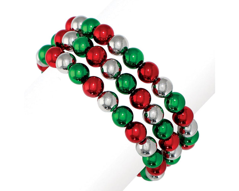 Silver Green and Red Bead Bracelet Set