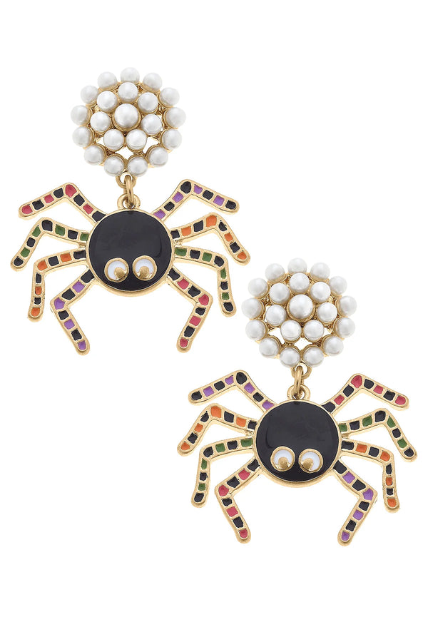 Halloween Enamel Spider Earrings in Black/Multi